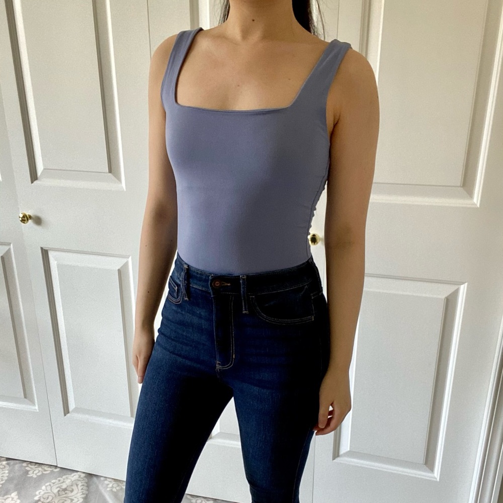 FREELY - Dusty Blue Square Neck Casual Basic Soft Tank Top Bodysuit